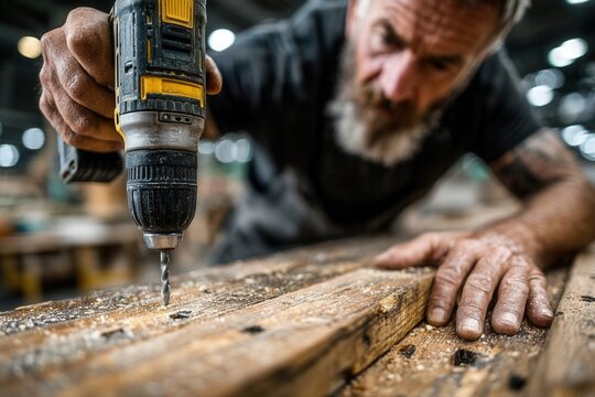 A senior Caucasian man with a beard uses a power drill on wooden planks in a workshop. The scene captures craftsmanship and woodworking skills. - Powered by Adobe