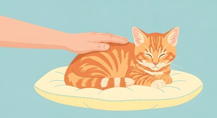 Calm Orange Tabby Cat Sleeping on Soft Cushion with Hand Petting in Light Blue Background