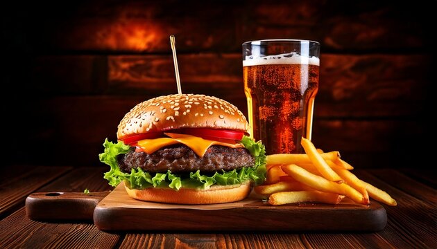 Cheeseburger Meal with French Fries and beer Close-up on Rustic Wooden Cutting Board