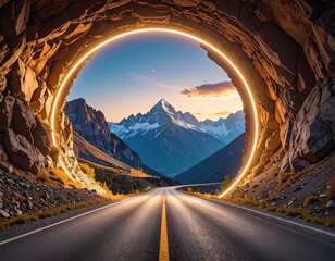 A road stretches through a rock tunnel, leading towards a mountain range framed by a glowing circle. The sky above is colorful