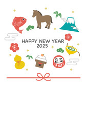 Fototapeta premium 年賀状2026 ウマと縁起物のイラスト 馬,干支,正月,縁起物, 和風デザイン,テンプレート,ポップ,かわいい,年賀2026