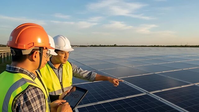 Two engineers inspecting a solar panel system, showcasing sustainable energy solutions,