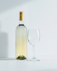 A bottle of white wine with a gold cap stands next to a clear wine glass on a white surface. The scene is minimalistic and elegant.