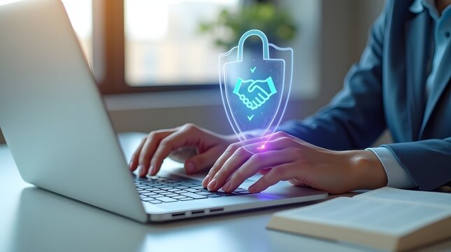 Close-up of hands typing on a laptop, with a glowing digital shield icon representing data protection, online privacy, and trusted cybersecurity solutions for business