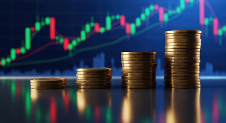 Financial Growth Depicted in a Stack of Coins Against a Stock Market Chart, Representing Investment, Profit, Wealth Accumulation, and the Dynamics of the Economy