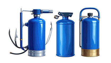 Obraz premium Three blue gas cylinders of varying designs stand against a black background in an illustrated style