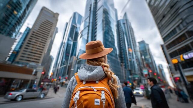 Urban Explorer's Perspective: A woman with a hat and backpack explores the towering cityscape. Looking upward, she encounters modern buildings, representing ambition, curiosity.