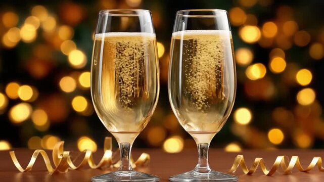 Sparkling Toast to Celebration: Two elegant champagne flutes filled with effervescent champagne, poised for a toast against a backdrop of twinkling lights, embodying celebration and joy.