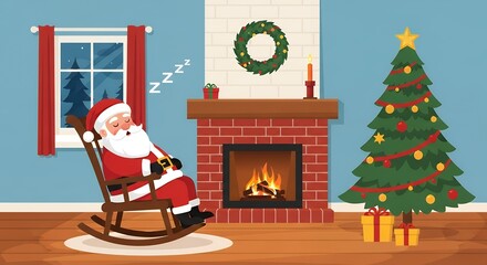 Santa Claus Sleeping by Fireplace with Christmas Tree and Decorations