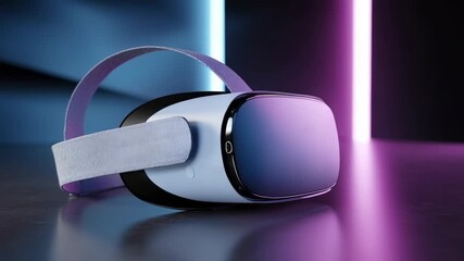 A sleek light-colored virtual reality headset sits on a reflective surface illuminated by blue and purple vertical lights - Powered by Adobe