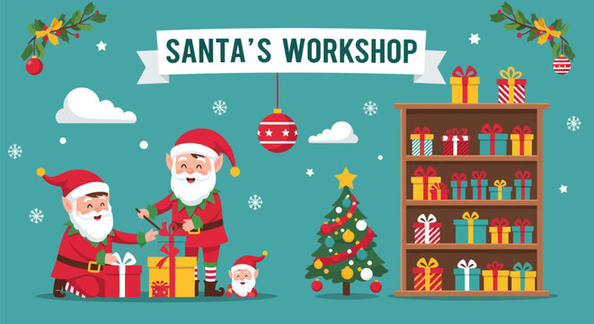 Santas Workshop Scene with Elves and Christmas Tree.