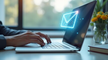 Email Marketing Person Typing on Laptop with Glowing Envelope for Digital Communication