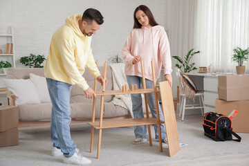 Happy couple assembling shelf unit at home