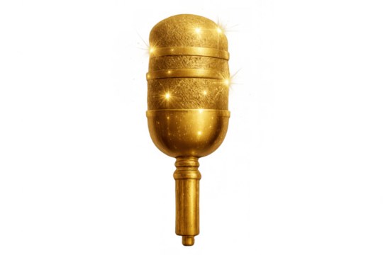 Golden vintage microphone embodying classic sound, broadcasting, entertainment, music, and success on a transparent background