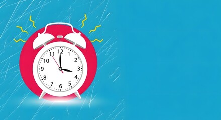 Red alarm clock ringing with sound waves on blue background, time management and deadline concept, copy space on the right, alarm clock