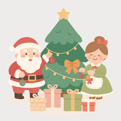 Santa and Mrs. Claus Decorating Christmas Tree with Gifts