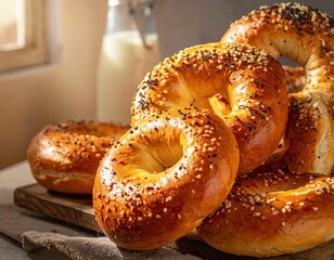 Golden Brown Bagels with Sesame Seeds Piled on Wood Board near Window with Bottle of Milk, Shadow, Warm Lighting, Food Photography