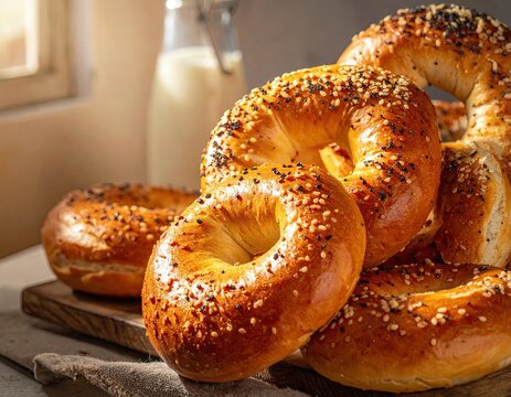Golden Brown Bagels with Sesame Seeds Piled on Wood Board near Window with Bottle of Milk, Shadow, Warm Lighting, Food Photography