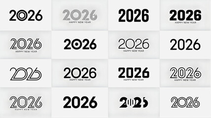 Collection of modern and stylish '2026' text designs and New Year celebration graphics with contemporary typography and abstract elements