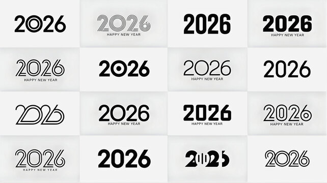 Collection of modern and stylish '2026' text designs and New Year celebration graphics with contemporary typography and abstract elements - Powered by Adobe