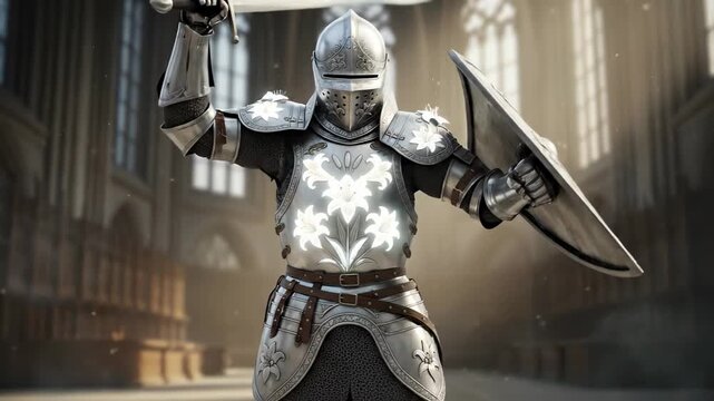 A fantasy knight in ornate silver armor with a glowing magical effect. The warrior raises a sword and shield in a grand cathedral hall. Epic medieval hero animation