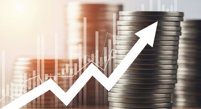 Financial Growth Concept with Coin Stacks and Ascending Arrow Overlay Depicting Investment Returns and Economic Expansion in a Bright and Optimistic Setting