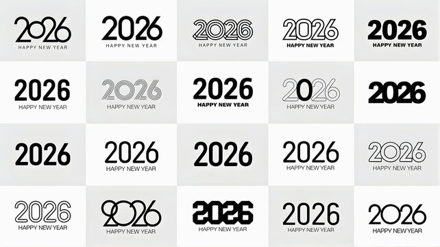 A collection of Happy New Year 2026 logo designs. This set includes various modern typography icons for holiday greetings and celebration banners