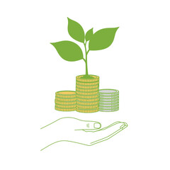 Hand Holding Growing Plant on Coin Stack Vector Illustration