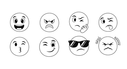 Emoji Faces Outline Vector Set – Various Expressions Illustration