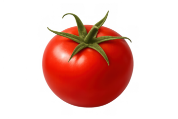 Ripe red tomato with green stem, fresh raw vegetable for healthy eating and cooking, isolated on transparent background