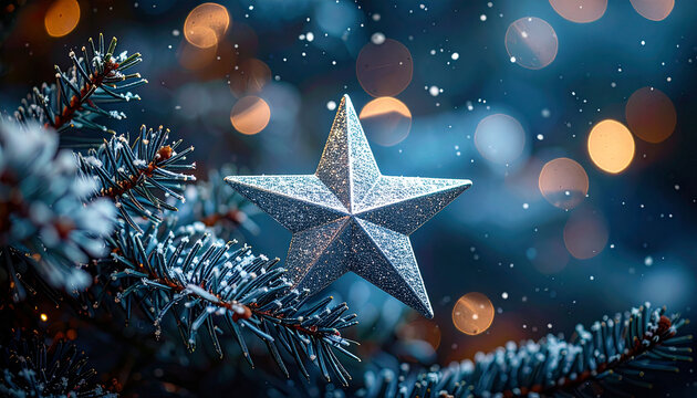Silver star on a christmas tree branch; festive, background, texture, - Powered by Adobe