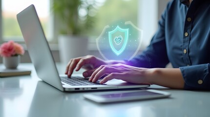Protecting Digital Data A Detailed Look at Online Security with a Person Typing on a Laptop and a Glowing Shield Icon