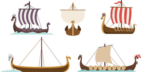 ship cartoon illustrations, dragon figurehead sailboats, Norse maritime vector set, historical boat icons, ancient sea travel design pack, Scandinavian naval artwork
