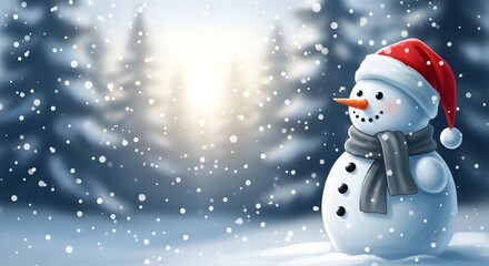 Fototapeta premium Charming snowman wearing a red santa hat and scarf in a snowy winter forest