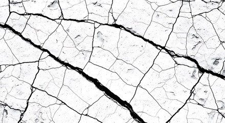 White cracked surface with deep black fissures and fine texture abstract background
