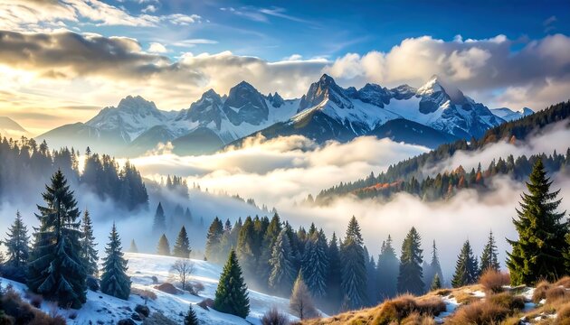 A scenic mountain landscape showcases snow-capped peaks against a cloudy sky with fog-filled valleys and a foreground of lush evergreen forests - Powered by Adobe