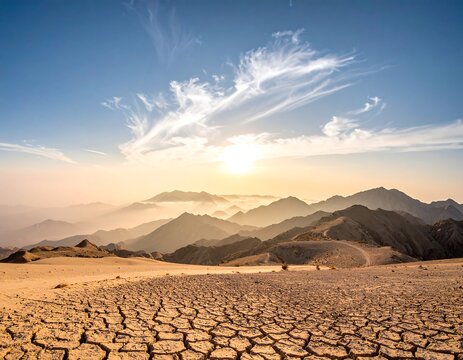 A scenic panoramic vista, depicting a cracked, arid landscape at sunrise with mountains receding into the distance. Wispy clouds drift
