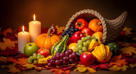 Abundant harvest cornucopia overflowing with autumn fruits vegetables and fall leaves illuminated by candles