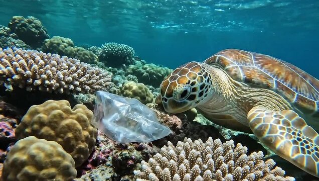 Sea turtle interacting with plastic pollution among coral reefs, crucial for environmental awareness and educational content, targeting conservation organizations and.