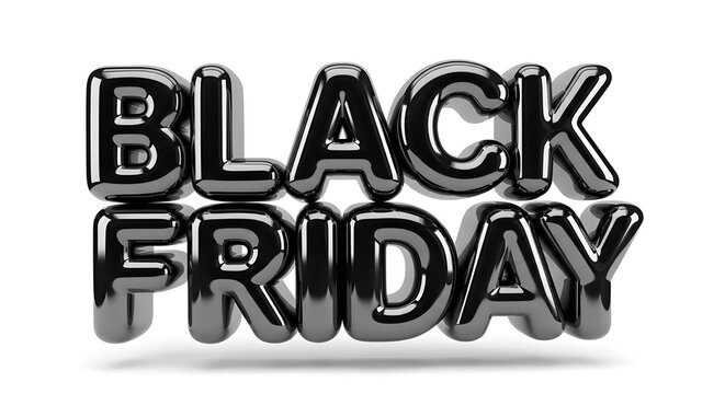 Shiny metallic black friday text balloons floating against a white background with subtle shadow
