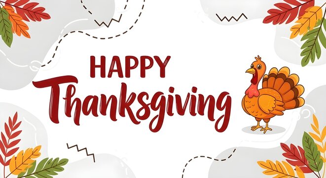 Happy thanksgiving greeting card with a turkey and autumn leaves on a white background