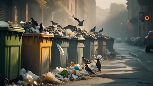 Urban Decay - Overfilled Trash Bins and Bird Scavengers in Cityscape.