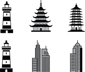 Building silhouette illustration set, cartoon architectural icons, lighthouse pagoda skyscraper clipart, traditional and modern structure artwork, cultural landmark design, black and white elements