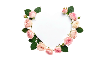 Roses and foliage surround a central white heart shape on a black background, suggesting love or celebration