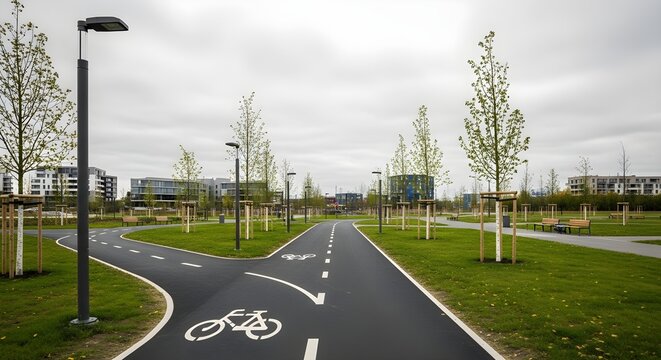 Modern Urban Park with Dedicated Bicycle Path and New Trees Under Overcast Sky