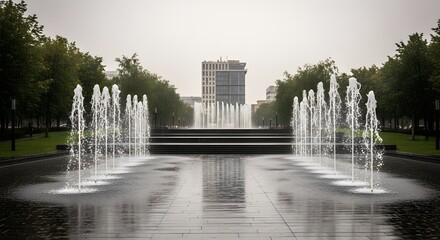 Symmetrical Water Fountains in Urban Park with Modern Building Backdrop