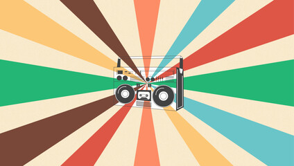 Retro Boombox With Colorful Radial Burst Background For Music, Pop Culture, And Nostalgia