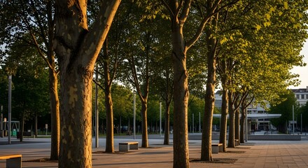 Fototapeta premium Golden Hour Light on Mature Trees Lining a Modern Urban Plaza with Benches