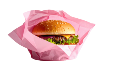 Juicy burger with sesame seed bun, nestled in pink paper, against a black backdrop