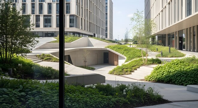Modern Urban Landscape Architecture with Green Roof and Contemporary Office Buildings